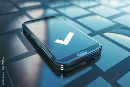 Smartphone displaying a white check mark, representing verification, security, or completion