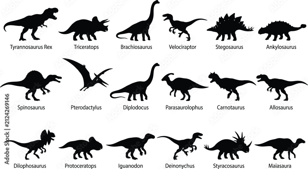 Obraz premium Dinosaur silhouettes collection. Set of prehistoric reptile icons and extinct animals.