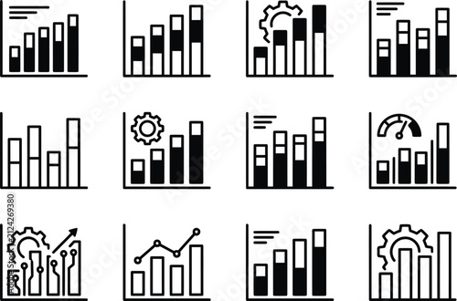Set of twelve black and white business bar chart icons representing data analysis and growth performance metrics