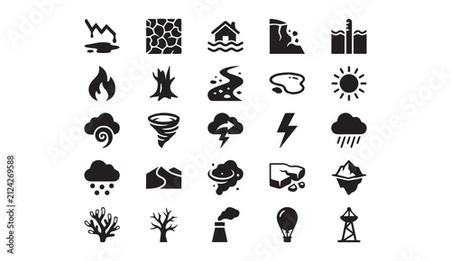 Set of weather and natural disaster icons with disaster environment lightning