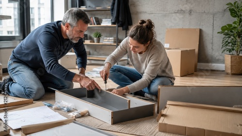 A man and woman assemble a wooden drawer on the floor of their new apartment, demonstrating teamwork and DIY home improvement during a move.