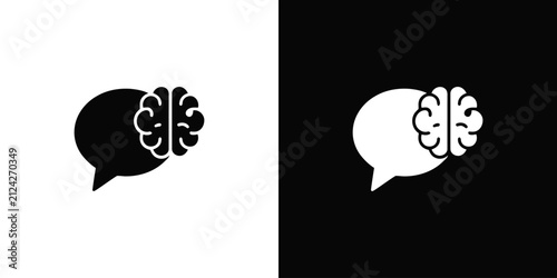 Brain and speech bubble icon outline and filled representing artificial intelligence communication and cognitive processing for technological software design isolated on white and black background.