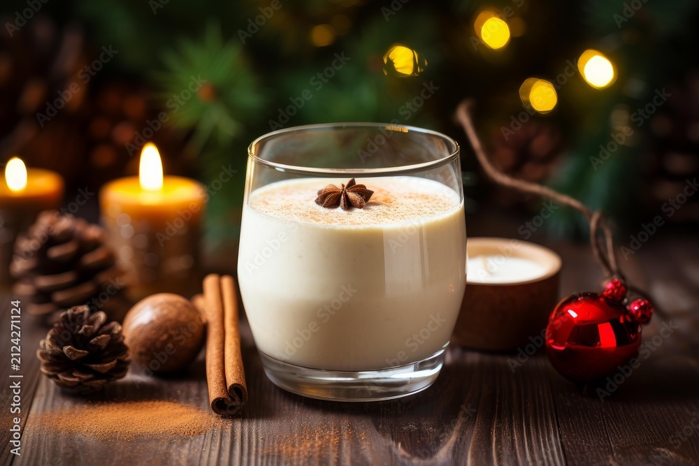 Obraz premium Creamy eggnog beverage served in a glass with star anise, cinnamon, and festive decorations