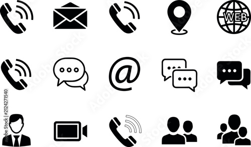 Fotografía A set of professional black and white communication icons depicting customer service and digital contact options in flat lighting