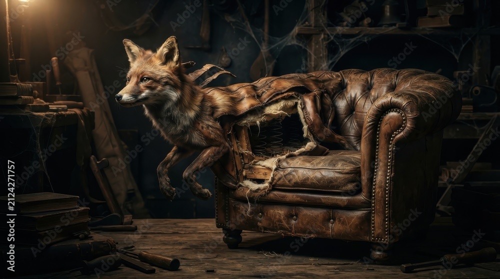 Naklejka premium Fox emerging from a damaged leather armchair in a workshop