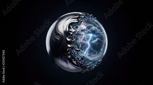 Abstract liquid metal sphere with lightning storm inside