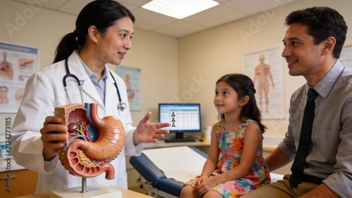 Gastroenterologist with model of stomach consulting man and his daughter in clinic