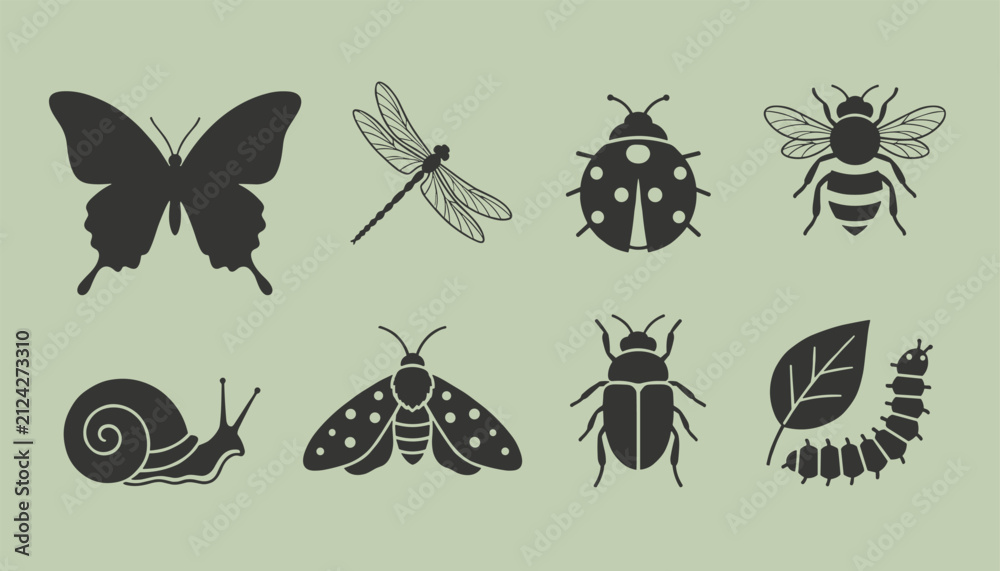 Obraz premium Collection of insect and bug icons on green background featuring butterfly, dragonfly, ladybug, bee, snail, moth, and beetle.