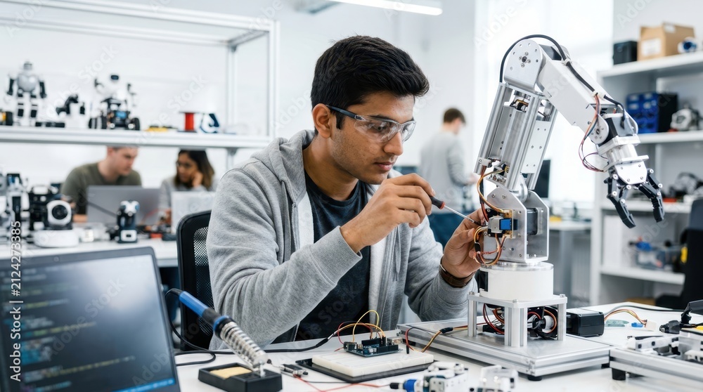 Fototapeta premium Young engineer meticulously assembling a robotic arm in a modern laboratory setting