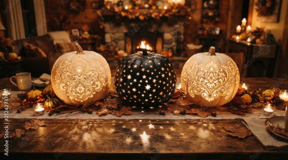 Naklejka premium Carved pattern pumpkins glowing on wooden table