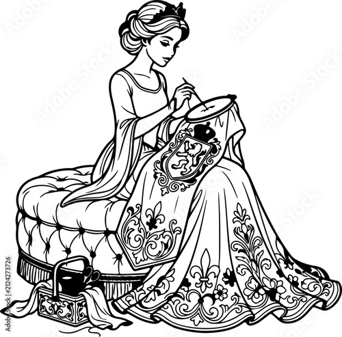 Elegant noblewoman seated on tufted ottoman embroidering elaborate heraldic crest design