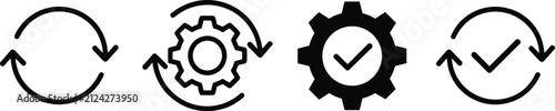 Minimalist black icons showing reliable automated workflow and successful system updates on clean white for a modern UI.
