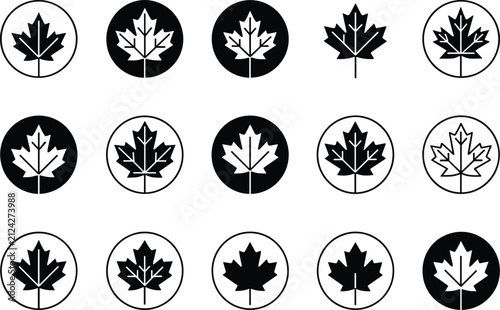 High contrast professional black and white maple leaf icons displaying minimalist designs for patriotic branding in digital space.