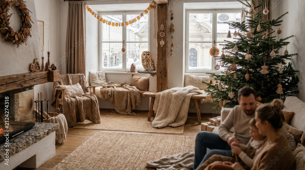 Fototapeta premium Cozy Christmas living room with family, fireplace, and decorated tree
