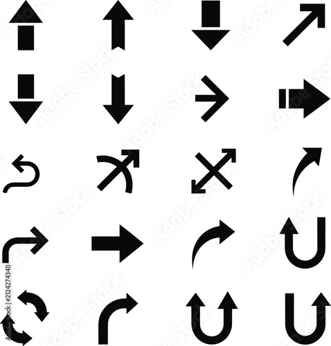 Minimalist collection of black arrow icons indicating direction and navigation in a professional flat design on white.