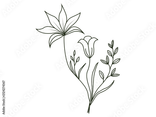 Elegant Botanical Floral Line Art Vector with Lily Flower, Leaves, and Wildflower Branch Isolated on Black Background