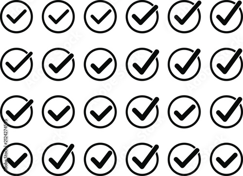 Clean minimalist grid of black check marks in circles on white representing satisfied task completion and business order.