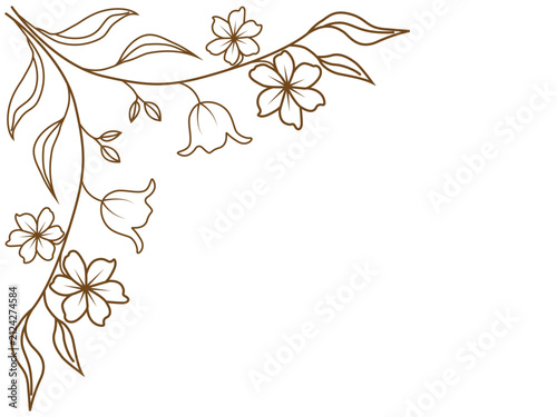 Elegant Floral Corner Border Line Art Vector Frame with Blooming Flowers and Leaves on White Background