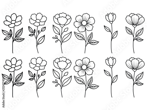 Hand-Drawn Botanical Wildflower Line Art Vector Collection with Floral Stems and Leaves Isolated on a White Background