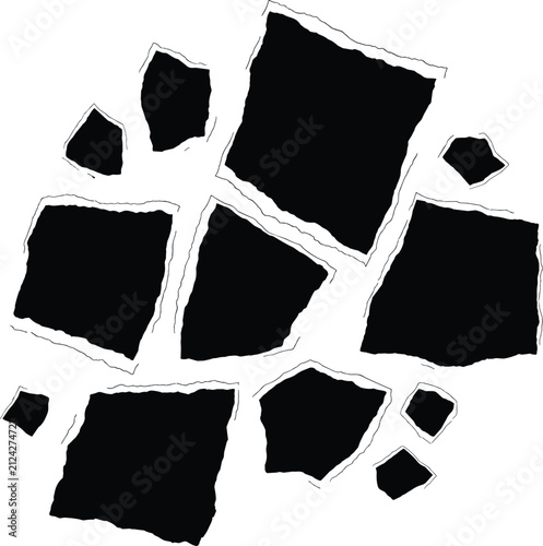 Minimalist black paper fragments with jagged torn edges floating in a high contrast white space creating a tense mood.