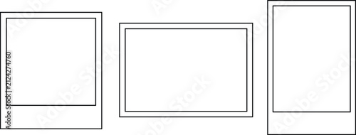 Minimalist set of three black line instant photo frames creates a nostalgic and creative memory layout on bright white.