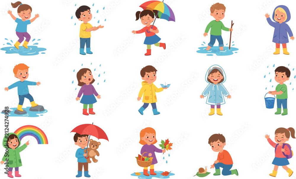 Fototapeta premium Kids Rainy Day Activities Clipart Vector Collection