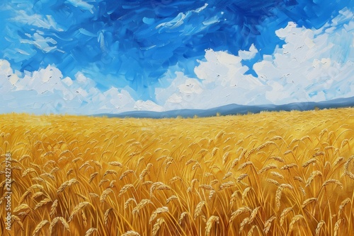 Oil painting of a golden wheat field swaying under a vibrant blue sky with fluffy white clouds and distant hills