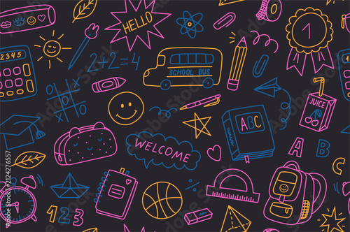 Hand drawn colorful back to school doodle seamless pattern, vector