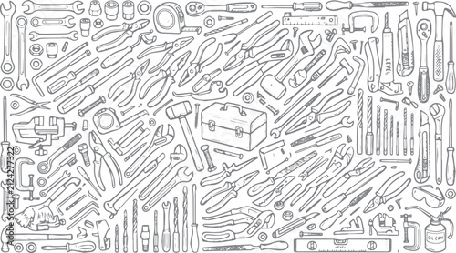 Fotografie Collection of assorted hand tools arranged in a dense pattern against a white ba