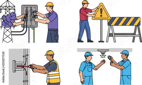 Set of cartoon style construction workers and electricians performing maintenance tasks.