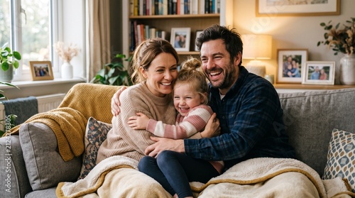 Happy family hugging and laughing together on a couch at home