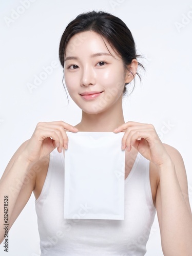 Young woman holding blank cosmetic product packaging with smile