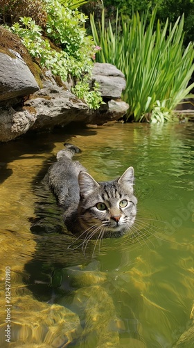 Tabby cat swims calmly in a serene garden pond.