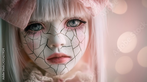 Doll face features intricate cracked patterns.