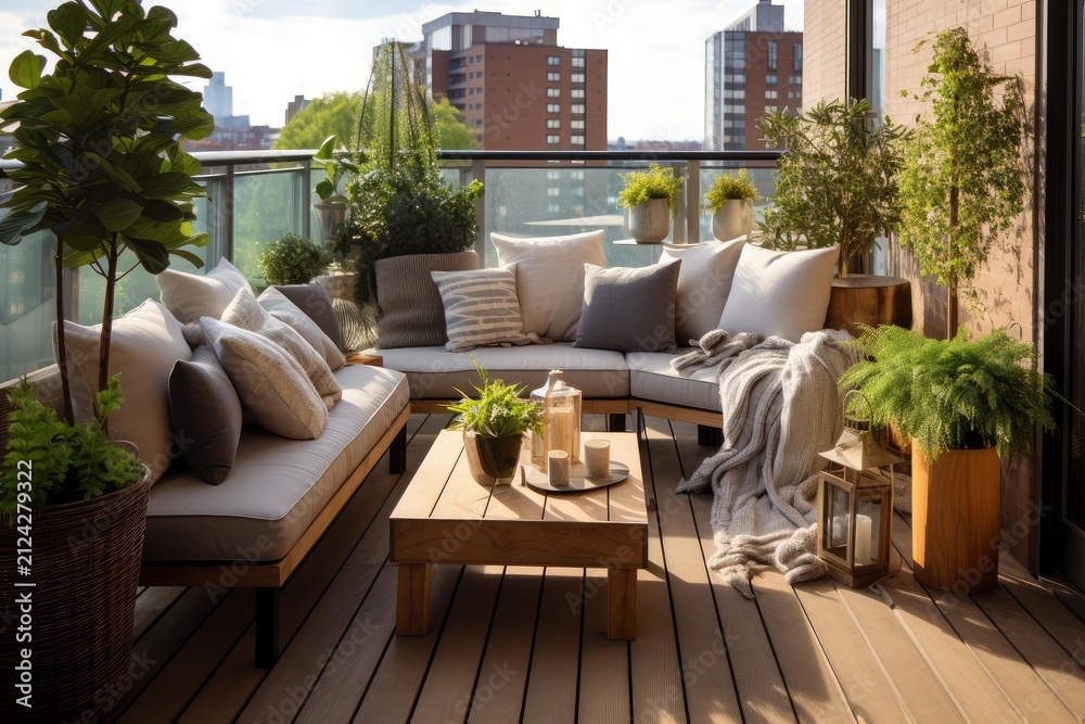 Obraz premium Balcony terrace offering comfortable seating and lush green plants with a city building view