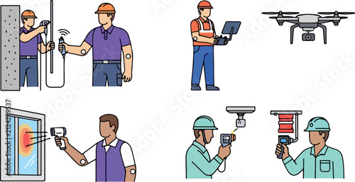 Set of workers using various inspection and measurement tools for industrial maintenance.
