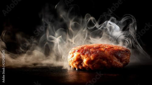 Burger patty releases steam on a hot surface.