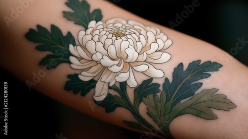 Tattoo of a white flower sits on human skin.