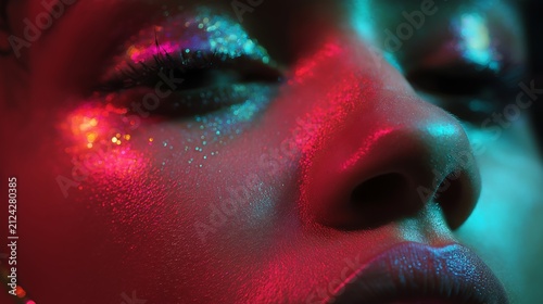 Woman face shows vibrant glittery makeup style.