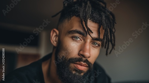 Man with dreadlocks looks at the camera.