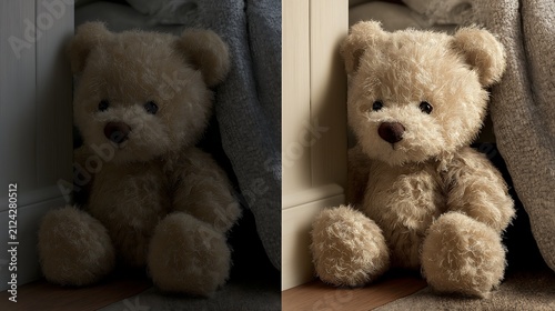 Teddy bear sits inside a dark bedroom corner.