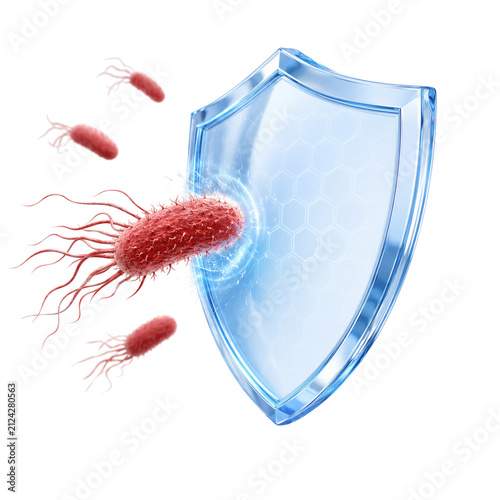 Blue shield protecting red bacteria cells showing immune system defense mechanism isolated on transparent background PNG element