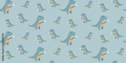 Bild auf Leinwand cute blue and orange dinosaur pattern seamless background with playful shapes fo