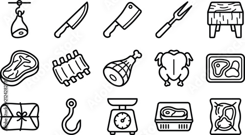 Set of Simple Butcher Shop Icons Featuring Meat Cutting Tools