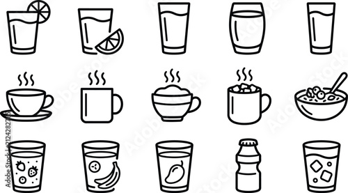 Set of black outline icons featuring various breakfast drink options