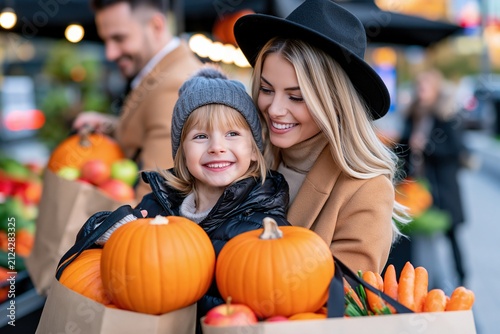 Smiling mother and daughter shopping for pumpkins and vegetables at an autumn market, ideal for family bonding, seasonal retail and healthy lifestyle concepts.