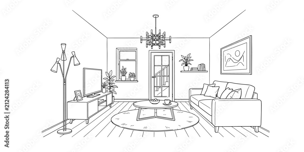 Fototapeta premium Cozy living room interior line art sketch with home furniture