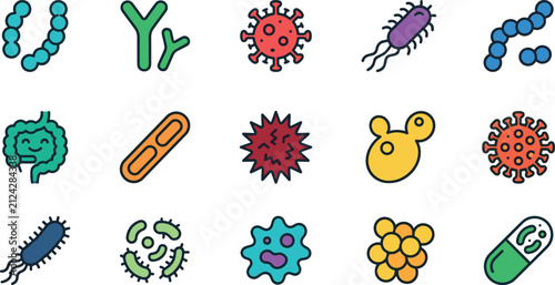 Fotografie Bacteria Virus and Microbe Flat Outline Icon Vector Set Featuring Probiotics Pat