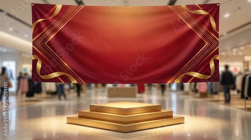 Elegant red and gold promotional banner displayed in a modern retail space