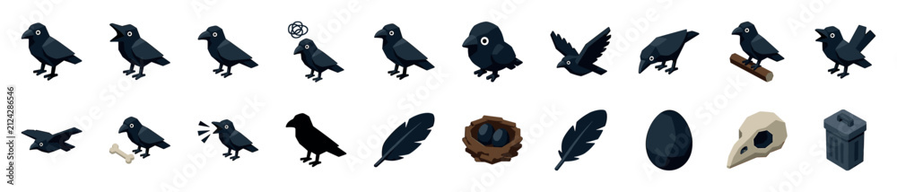 Naklejka premium Collection of black crow bird icons in an isometric style shows various poses, a nest with eggs, a skull, a feather, a bone, and a trash can in a flat graphic design